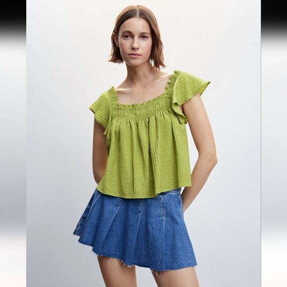 Mango women's top Peasant Texture blouse Green flowy ruffled S - Picture 1 of 7